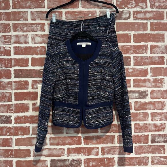 Diane von Furstenberg Dresses & Skirts - DVF Tweed Jacket & Skirt Set Blue Metallic Women’s Suit Size 2/0 Elegant Chic